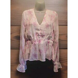 Express Pink White Floral Sheer Long Sleeve Babydoll Top Sz S Fairy Feminine